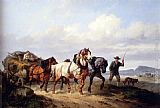 Pulling Canvas Paintings - Horses Pulling A Hay Wagon In A Landscape
